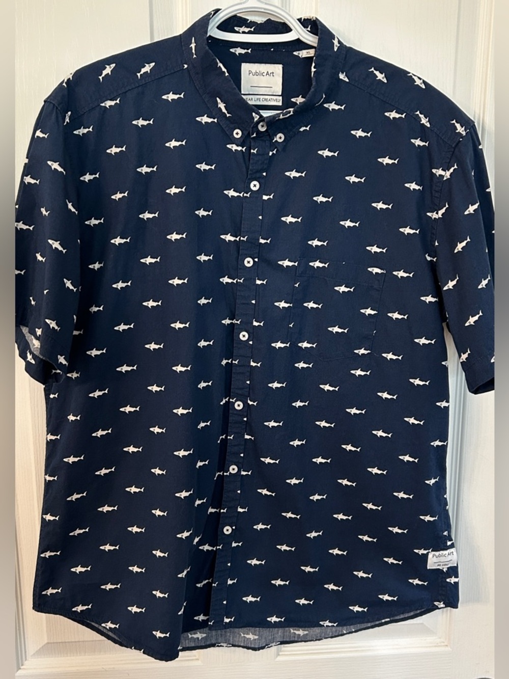Public Art Shark Print Button Down Shirt Mens XL 100% Cotton